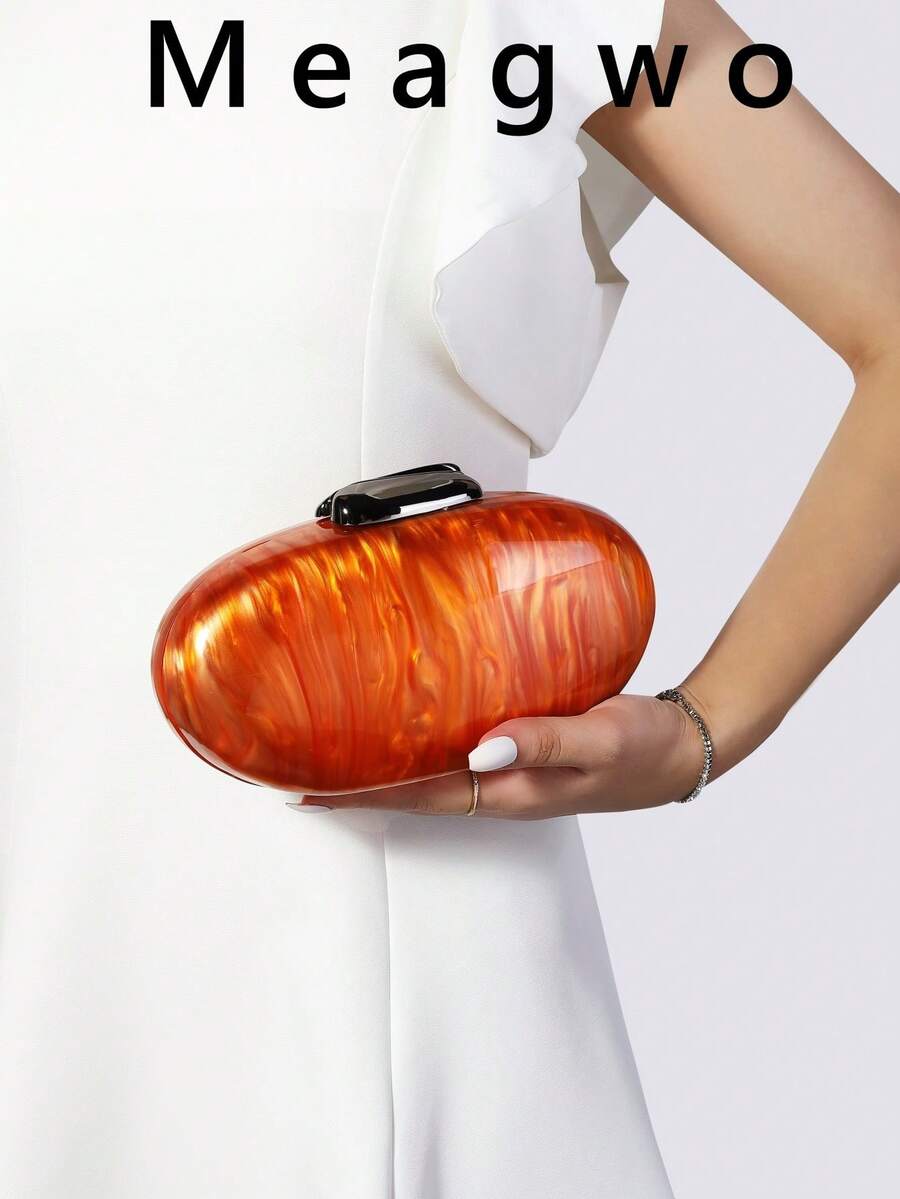 Túi đeo chéo vai dây xích kim loại phong cách Châu Âu và Mỹ mới, Ví cầm tay Acrylic thời trang cho nữ, Thanh lịch cho tiệc/váy cưới, Túi đựng đồ trang điểm mini, Ví cô dâu màu trơn thời trang - trái cam - Xem 1