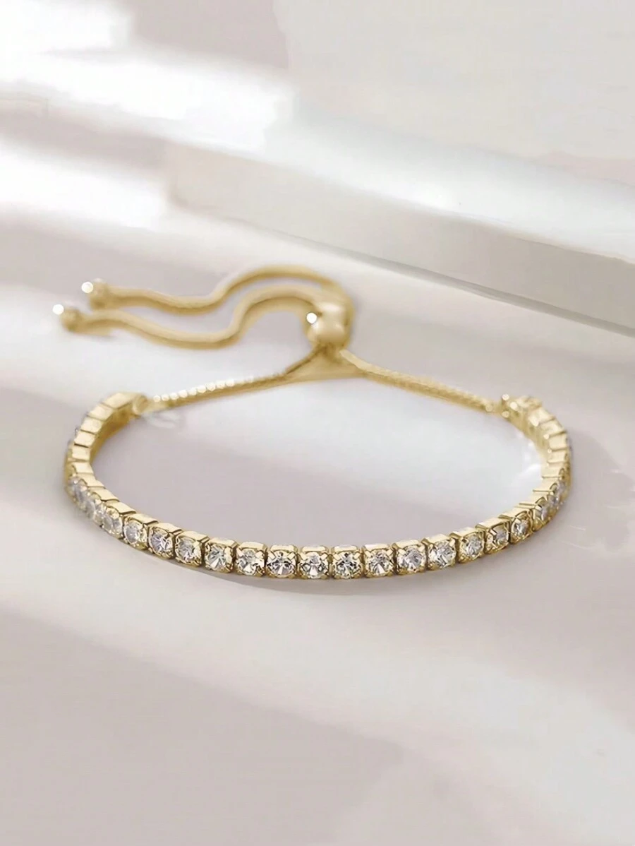 1pc Minimalist Luxurious Fully Pave Crystal Adjustable Bracelet, Suitable For Women's Daily, Festival And Party Wear - Yellow Gold - View 1