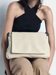 1pc PU Fabric Vintage Premium Solid Color Chic Chain Strap Hobo Bag Large Capacity Shoulder Bag - Beige - View 2