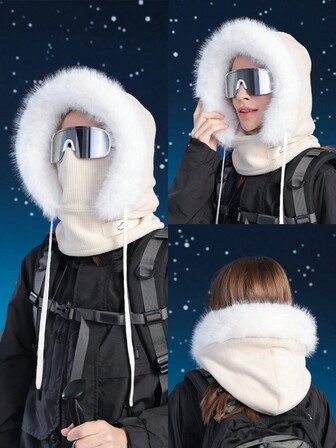 Women's Winter Face Mask Scarf Combo Thermal Lined Warm Ear Cover Beanie Hat, Outdoor Windproof Ski Mask