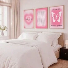 3pcs Decorative Painting Poster, Retro Gradient Wall Art Decoration Pink Halo Love Butterfly Belief Poster ,No Frame