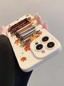 1pc Autumn Atmosphere Maple Leaf&Books Beige TPU Phone Case Compatible With IPhone - Multicolor - View 4