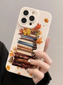 1pc Autumn Atmosphere Maple Leaf&Books Beige TPU Phone Case Compatible With IPhone - Multicolor - View 3