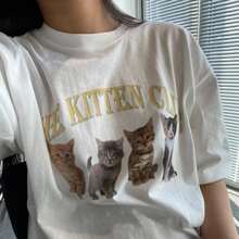 The Kitten Club Cat Women's Basic Cotton T-Shirt - White - View 1