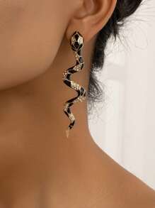 1 Pair Dramatic Black Drip Oil Snake Design Long Hoop Earrings - Snake - View 6