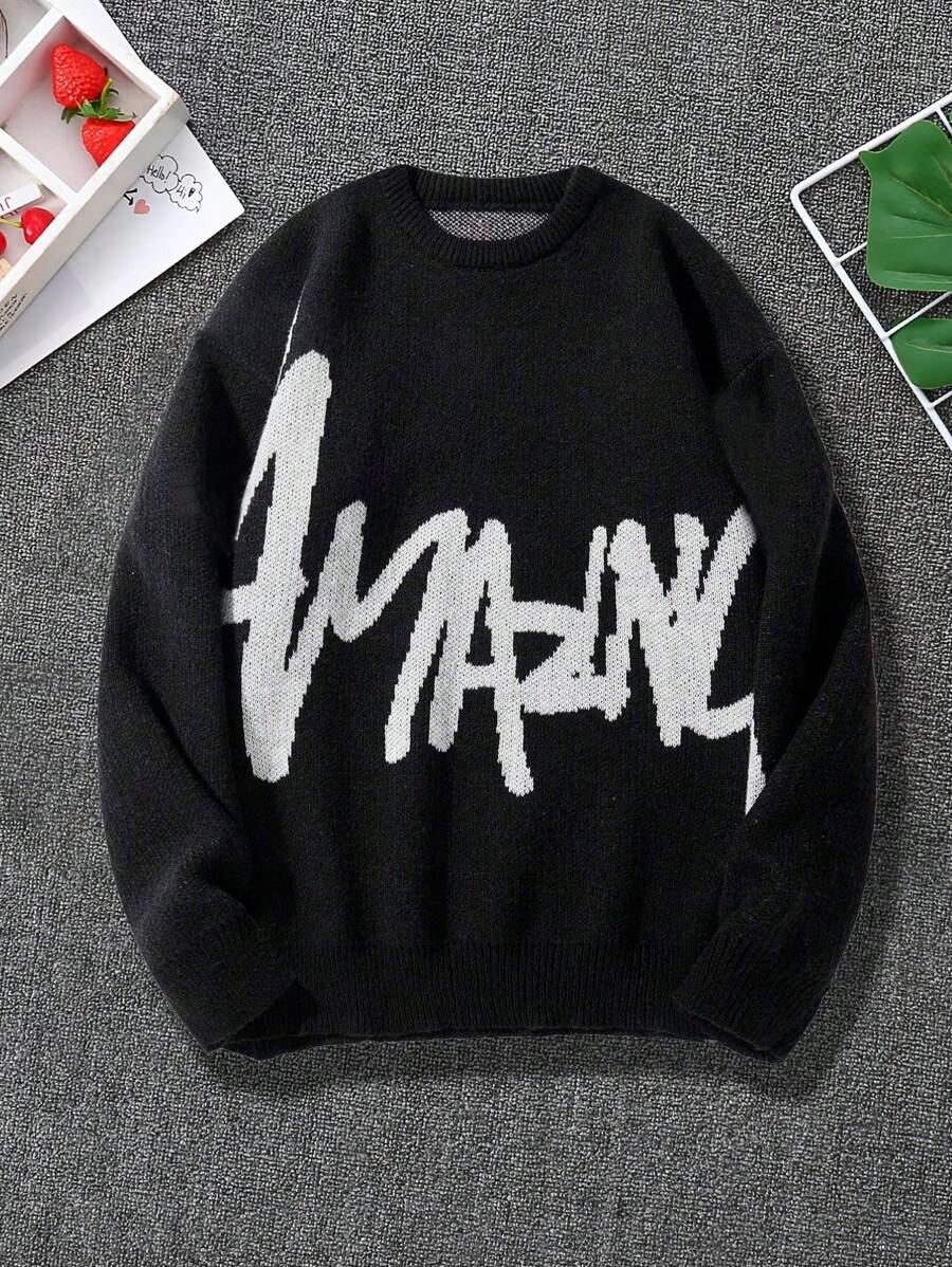 1pc Teen Boy Casual Outdoor Exercise Contrast Color Streetwear Style Crew Neck Thick Warm Knitted Sweater, Autumn/Winter - 黑色 - 查看 1