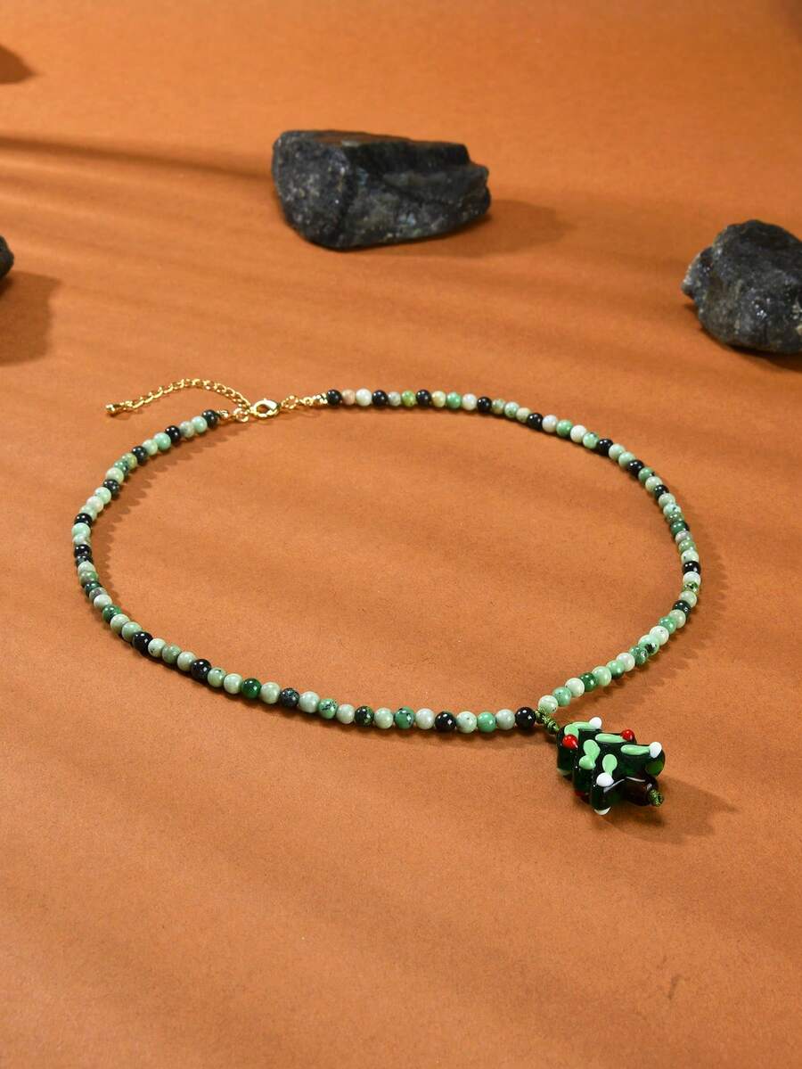 1 buc Colier de Crăciun placat cu aur de 18K, cu granat verde natural și sticlă, cadou de Crăciun pentru femei