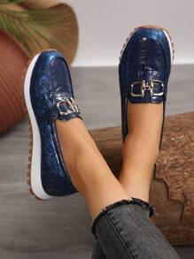 Women Metal Buckle Flat Slip-On Loafers, Spring/Autumn - Blue - View 7