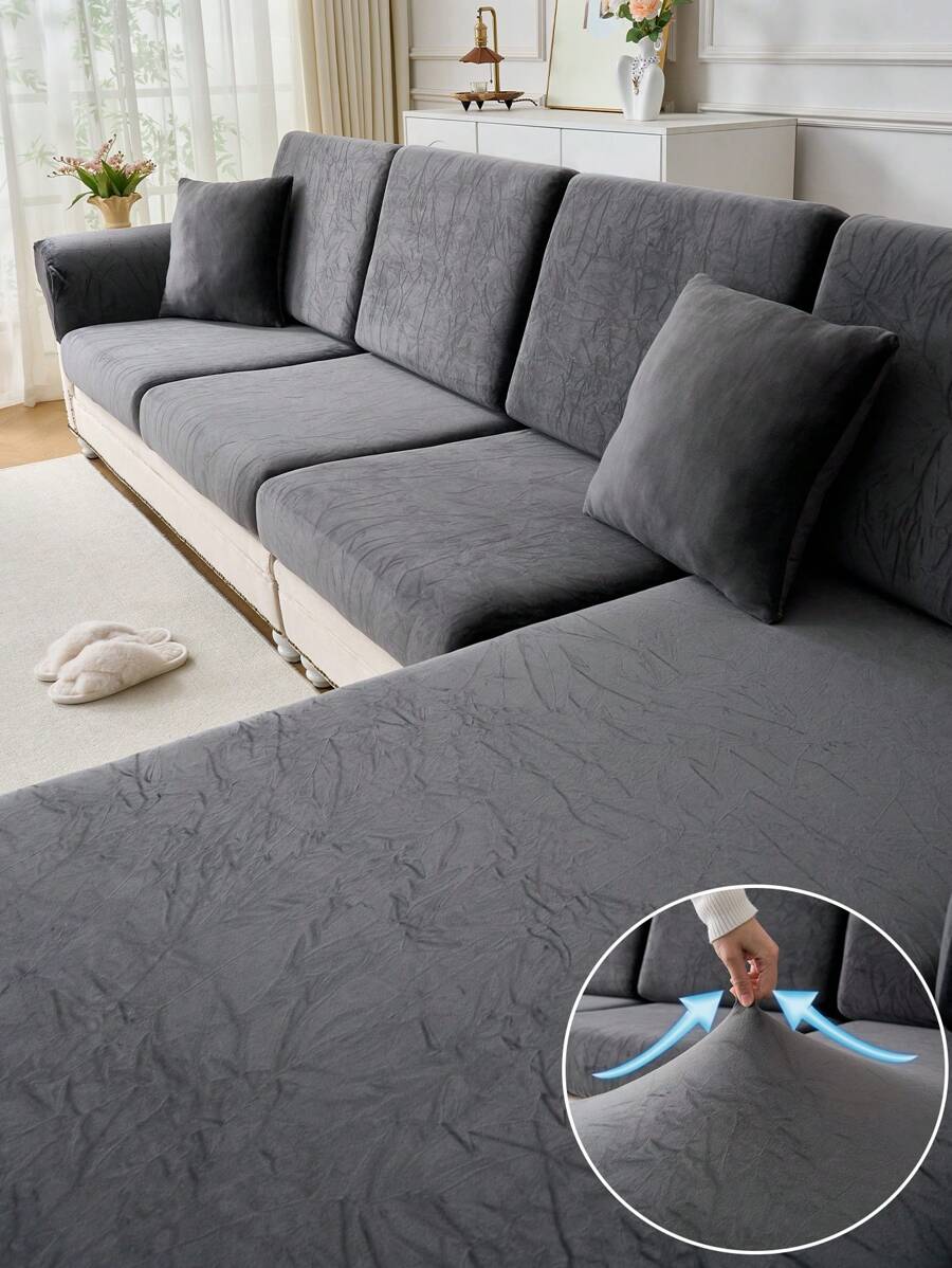 1pc Silver Fox Plush Non-Slip Sofa Cushion Cover, Soft & Skin-Friendly, Pet Proof, Stretchable, Suitable For L-Shaped And 1/2/3/4 Seater Sofa In Living Room, Sold Individually (Pillow Not Included) - Dark Grey - View 1