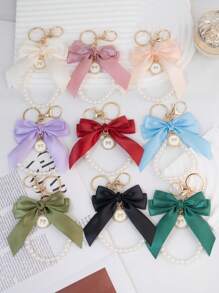 1 Elegant Faux Pearl And Bow Decoration Keychain Pendant With Creative Colorful Woven Ribbon Fabric Knot Accessories, Headphone And Mobile Bag Accessories