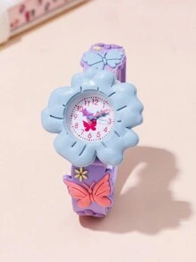 Cute Cartoon Design Wrist Watch, Fashion Flower & Butterfly Pattern, 3D Kids/Children Quartz Analog Watch For Recognizing Time, Gift