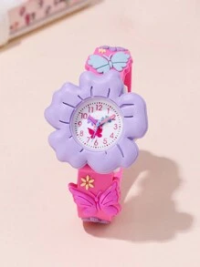 Cute Cartoon Design Wrist Watch, Fashion Flower & Butterfly Pattern, 3D Kids/Children Quartz Analog Watch For Recognizing Time, Gift