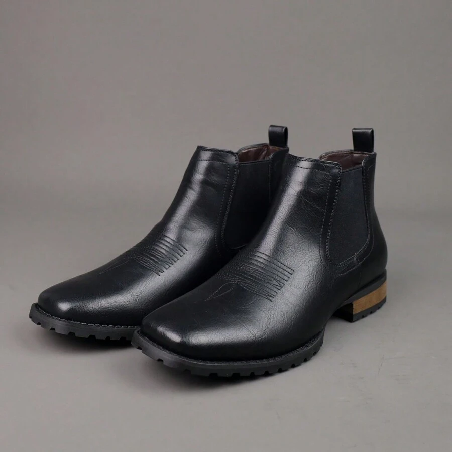 Herren Retro Bestickte Outdoor Chelsea Stiefel, Niedrige Dicksohle Quadratische Zehenform Chunky Absatz Western Chelsea Stiefel, einfach & modisch vielseitige Pull-On Stiefel