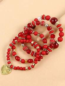 Bộ 4 chiếc/Bộ mặt dây chuyền hình trái tim Bohemian nhiều lớp vòng tay đàn hồi hạt - vòng tay đính cườm - Xem 8
