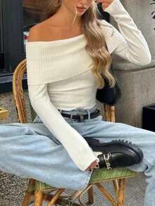 Women's Solid Color Off-Shoulder Long Sleeve Fitted Sweater, Spring Autumn - White - View 3