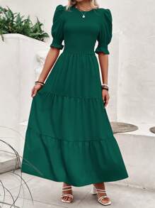 Women's Summer Dress Casual Crewneck Short Sleeve Smock Boho Flowy Dress Spring Summer Holiday Vacation Valentine Going Out Outfits - 墨綠色 - 查看 3
