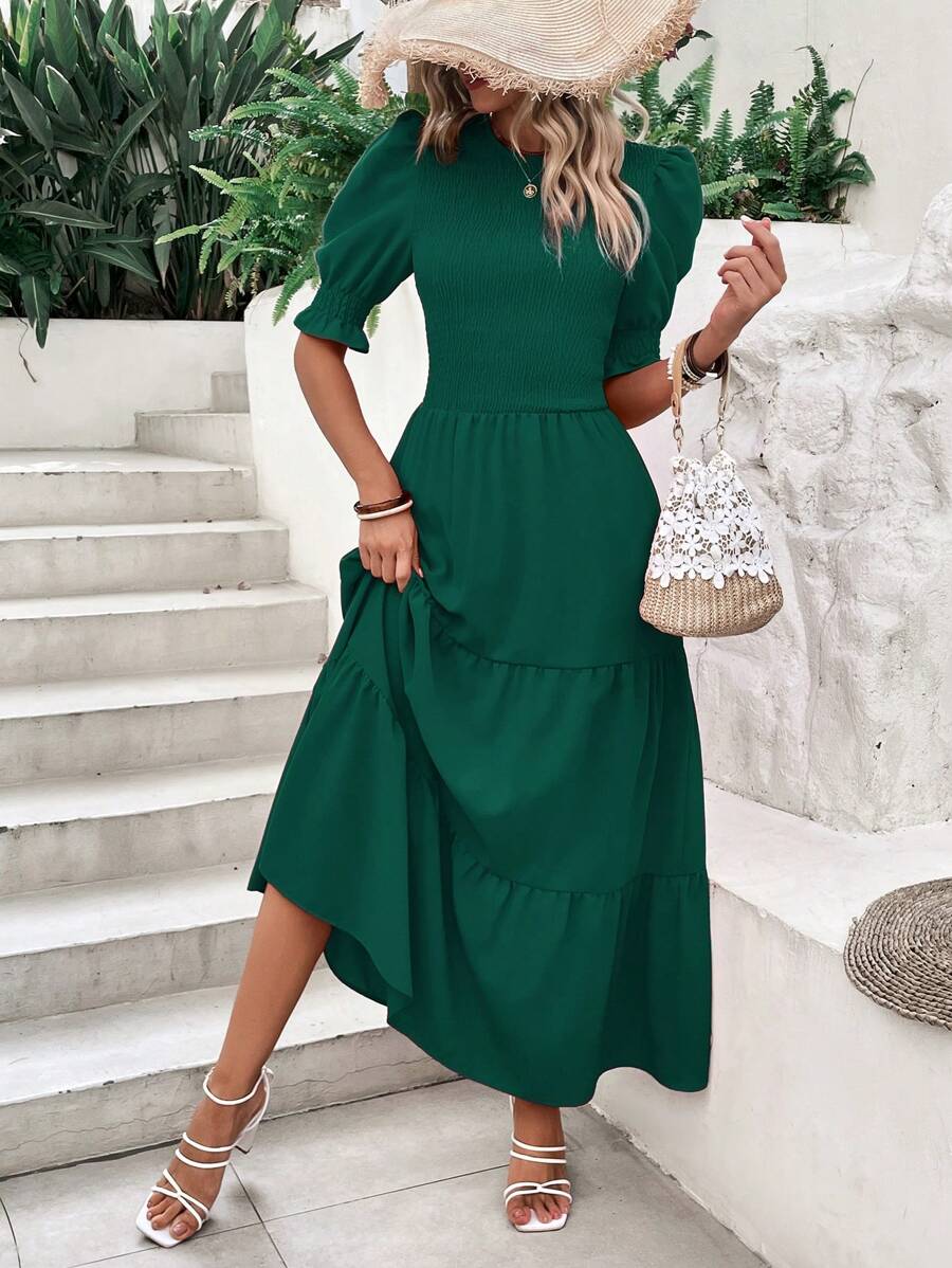 Women's Summer Dress Casual Crewneck Short Sleeve Smock Boho Flowy Dress Spring Summer Holiday Vacation Valentine Going Out Outfits - 墨綠色 - 查看 1