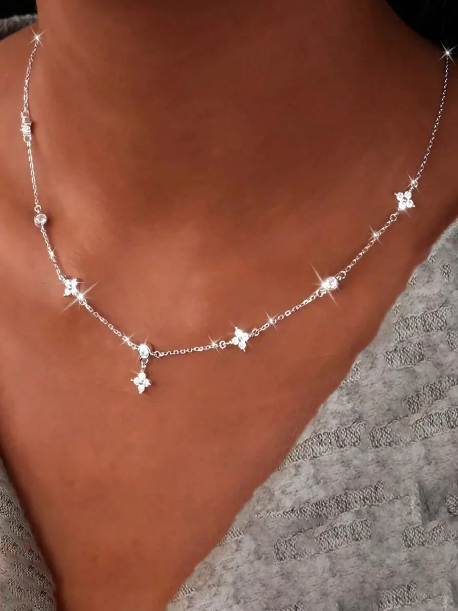 1 chiếc vòng cổ hoa Zirconia bạc Sterling S925 mới, dây chuyền xương đòn tối giản cổ điển, phù hợp cho phụ nữ, trang sức tiệc sinh nhật quà tặng kỷ niệm