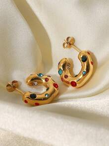 1 Cặp Hoa tai Rhinestone màu sang trọng, Cubic Zirconia kết cấu búa bất đối xứng & Hoa tai hình chữ C trang trí bằng ngọc trai, Quà tặng ngày lễ cho nam và nữ - phong cách ngọc trai - Xem 2