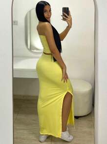 Foreign Set With Long Skirt And Strapless Crop Top - Yellow - View 3