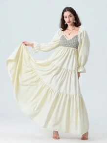 Women Long Dress Fashion Print Sweetheart Neckline Long Sleeve Dress Fashion Spring Fall Casual Dress - 白色 - 查看 8