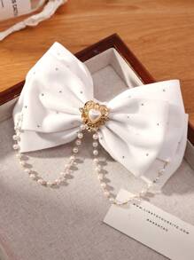 1pc Girls' Fashion Rhinestone & Faux Pearl Decorated Bowknot Hair Clip, Without Card Package - White - View 2