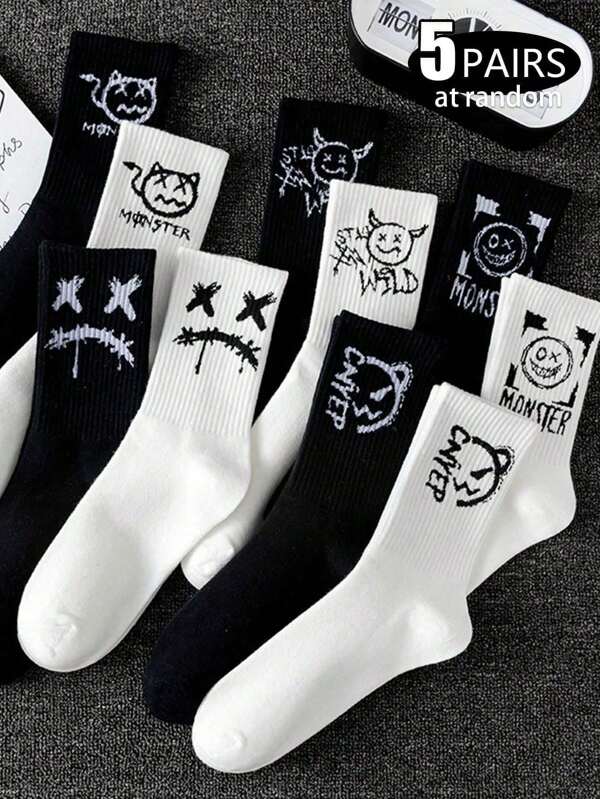 5 Pairs Unisex Fashion Personalized Crew Socks, Black & White Novelty Socks
