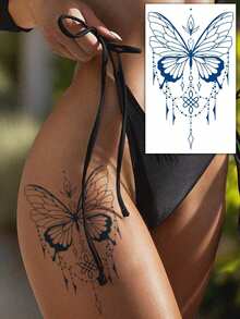 1 hình xăm tạm thời chống nước in hình dây xích bướm, hình xăm nghệ thuật giả theo phong cách Henna cho chân, kéo dài 7-14 ngày, thích hợp cho ngực, eo, đùi, cánh tay, cổ tay, lưng, quà tặng tự làm cho nam và nữ - Màu xanh lam - Xem 2