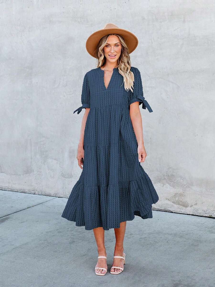 Easter Women Summer Casual V Neck Short Sleeve Midi Pleated Tiered Plaid Loose Maternity Holiday Picnic Long Dresses