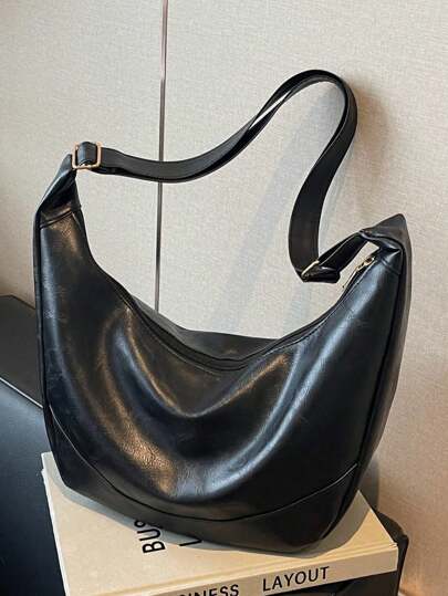 Vintage Solid Color PU Leather Shoulder Bag For Women, Casual Large Capacity Outdoor Travel Vacation Crossbody Bag, Portable Versatile Business Commuting Crescent Bag For Daily Work Use, Lightweight New Street Shopping Underarm Bags