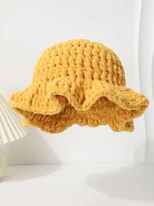 1 pieza Sombrero de cubo con volantes plisados de unicolor tejido a mano para mujer, diseño exagerado, gorro de invierno de moda