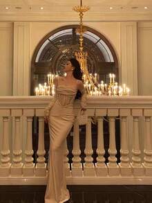 Sexy Spaghetti Strap Velvet & Contrast Lace High Stretch Semi-Sheer Evening Gown, Autumn/Winter