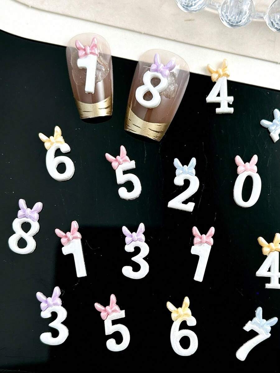 30 件混合 3D 生日数字和蝴蝶结可爱树脂美甲装饰 DIY - 彩色 - 查看 1