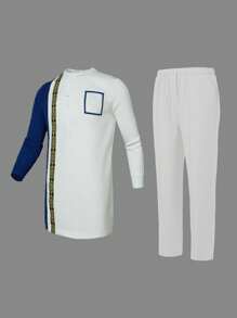 Conjunto com 2 Peças, Camisa Branca Dashiki Plus Size para Homens, Design de Manga e Bolso Contrastante, Impressão Dourada, Calça Cintura Elástica, Roupa Africana, 2 Peças Camisa e Calça Casual, Adequado para Primavera, Verão, Outono, Casamento, Festa, Encontro, Uso Diário