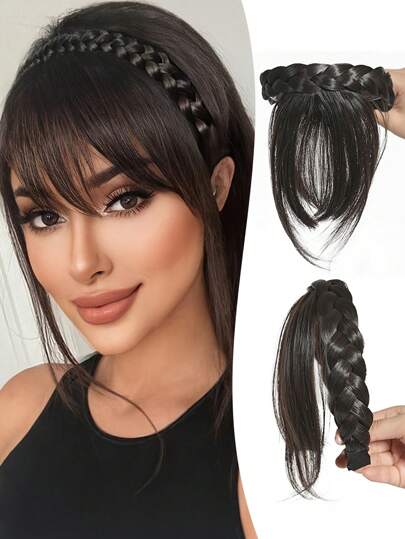 Peluca trenzada de 3 mechones con flequillo, sintética en negro y marrón con flequillo ligero y aireado, estilo elegante, fibra resistente al calor, fácil de usar, adecuada para mujeres de todas las razas