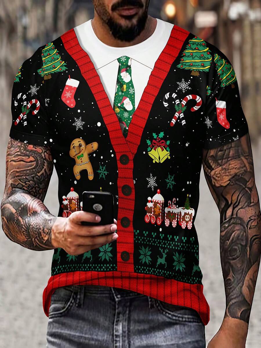 1 件男式圣诞主题图案印花短袖 T 恤，奇特设计 - 彩色 - 查看 1