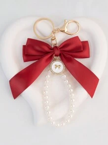 1 Elegant Faux Pearl And Bow Decoration Keychain Pendant With Creative Colorful Woven Ribbon Fabric Knot Accessories, Headphone And Mobile Bag Accessories