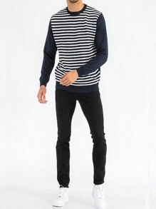 Mens Striped Knit Sweater Casual Pullover Regular Round Neck Stripe Long Sleeve Fall Winter Light Jacket Warm - Navy Blue - View 5