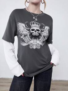 Y2K Grunge 女式时尚街头服饰 Y2K 风格时尚天使骷髅图案长袖圆领 T 恤上衣 - 彩色 - 查看 2