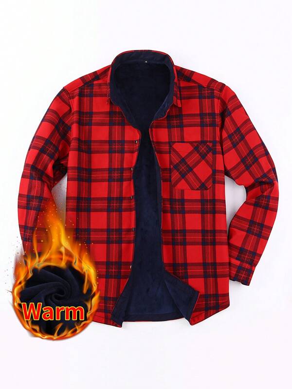 1pc Men's Casual Plaid Pattern Thermal Lined Long Sleeve Button-Down Shirt With Chest Pocket, Autumn/Winter
