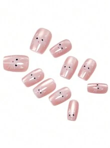 Monina 24 piezas de uñas postizas de diseño de gato corto, lindas y frescas, favorecedoras, de moda, puntas de uña versátiles, regalo ideal para niñas, adecuado para la escuela y la oficina