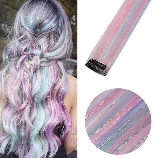 Valentine's Day Glitter Hair Clip In Hair Tinsel Hair Extensions 22Inch Clip In Hair Tinsel Kit Colored Shiny Sparkle Fairy Hair Accessories For Women Girls Kids, Everyday Charm, Holiday Focus, Valentine's Day, New Year (Mixed Color)