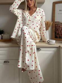 Women's Button Up Pajama Set With Heart Print And Notched Collar - 米色 - 查看 5