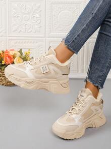 秋冬季保暖内衬厚底厚底运动鞋，休闲透气运动鞋，百搭防滑平底圆头系带旅游鞋 - 杏色 - 查看 8