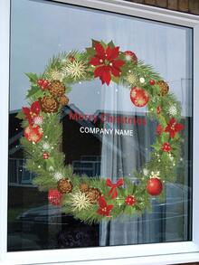 1pc Custom Christmas Decoration Window Stickers, Christmas Wreath Pattern Glass Window Stickers, Personalised Text Custom Stickers, Non-Adhesive Self-Adhesive Decorative Wall Stickers,