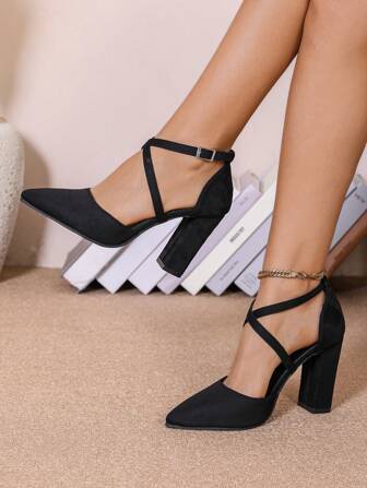 Women's 9cm High Heel Closed Toe Sandals, Black Roman Pointed Toe Chunky Heel Crisscross Strap High Heel Shoes, Fairy Style