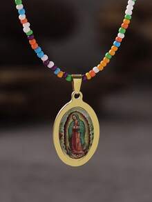 1 件波西米亚风复古创意圣母玛利亚和耶稣手工串珠不锈钢吊坠可调节项链，适合度假、休闲、派对和日常佩戴 - 彩色 - 查看 13