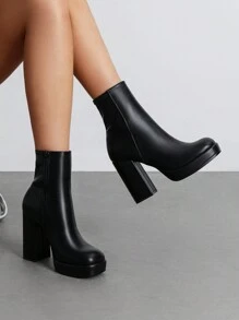 Women's Ankle Boots Platform Chunky High Heel Boots Fashion Boots Retro Square Toe Side Zipper Perfect For Parties, Dates - 黑PU - 查看 3