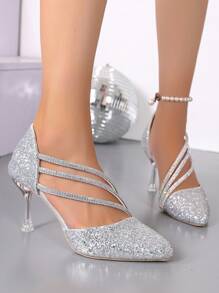 Tacones altos de punta, decorados con cristales, tacones transparentes, calzado brillante, zapatos de novia, zapatos de dama de honor, para uso formal, moda elegante y glamorosa, adecuado para todas las estaciones, elegantes y lujosos tacones altos plateados románticos