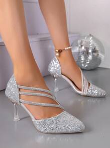Tacones altos de punta, decorados con cristales, tacones transparentes, calzado brillante, zapatos de novia, zapatos de dama de honor, para uso formal, moda elegante y glamorosa, adecuado para todas las estaciones, elegantes y lujosos tacones altos plateados románticos